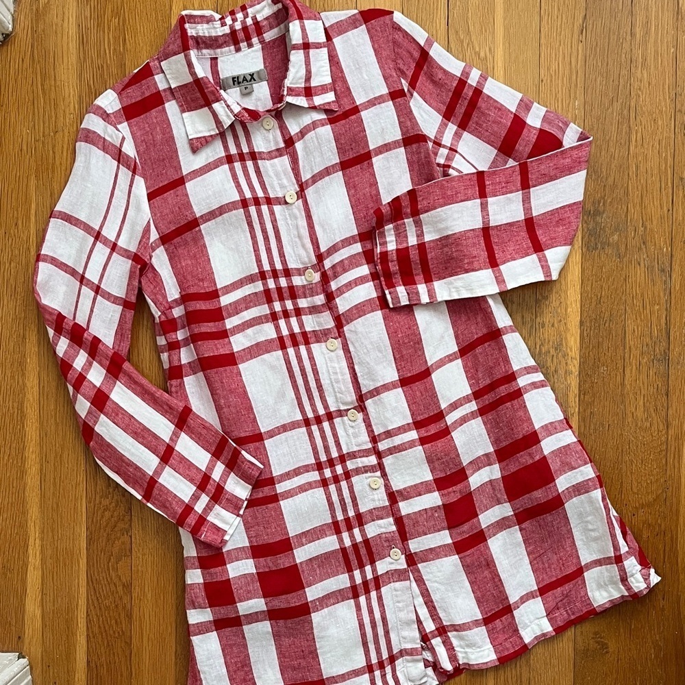 FLAX 100% Linen Red & White Checkered Shirtdress Full Button Front Dress Size P - Picture 1 of 12